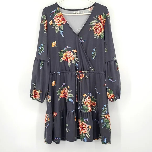 Maurices XL Gray peach green floral rose cuffed long sleeve vneck mini dress